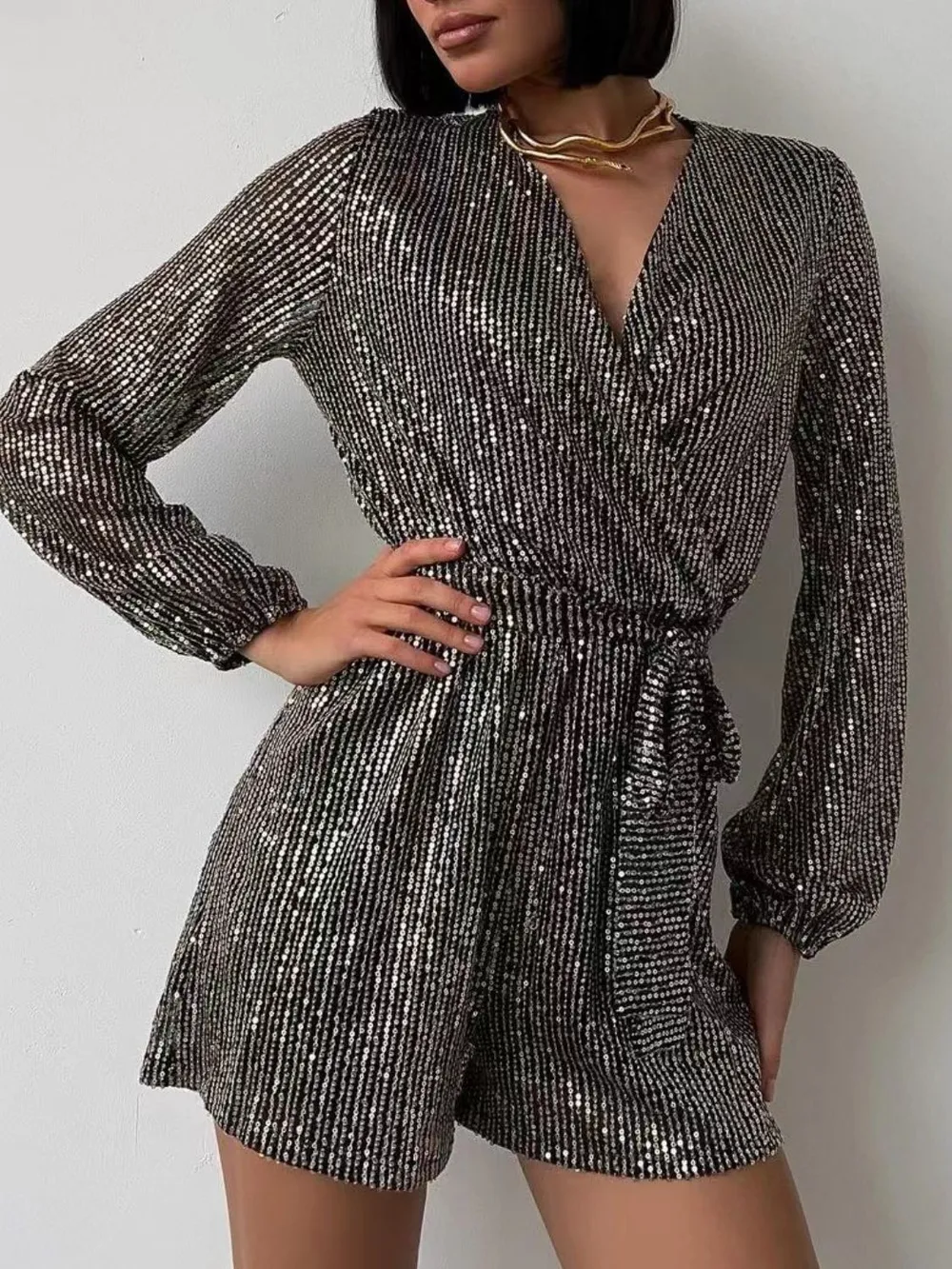 Full Size Sequin Surplice Tie Waist Long Sleeve Romper, image 11