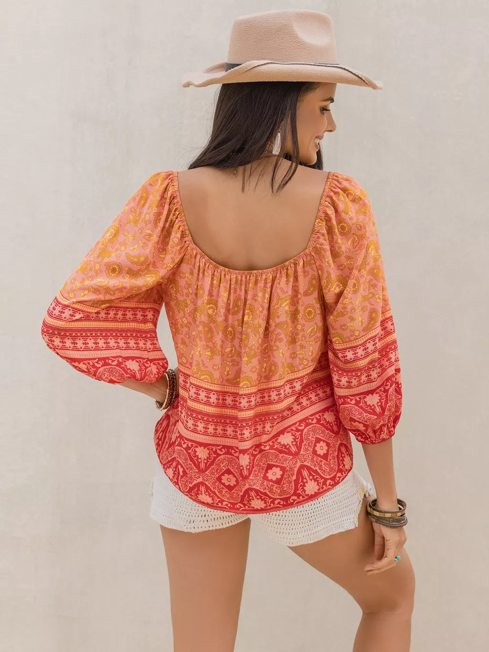 Printed Square Neck Balloon Sleeve Blouse, image 4