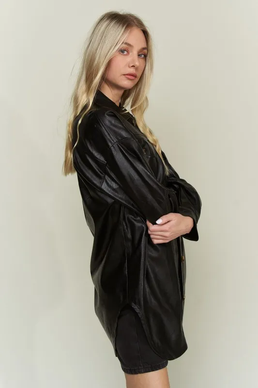 Faux Leather Button Up Jacket with Chest Pockets, image 5