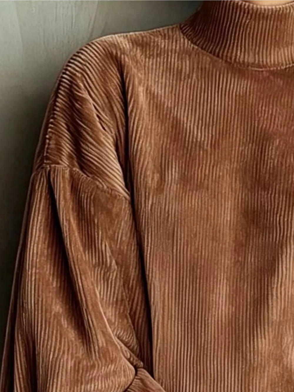 Full Size Corduroy Mock Neck Lantern Sleeve Mini Dress Plus Size, image 8