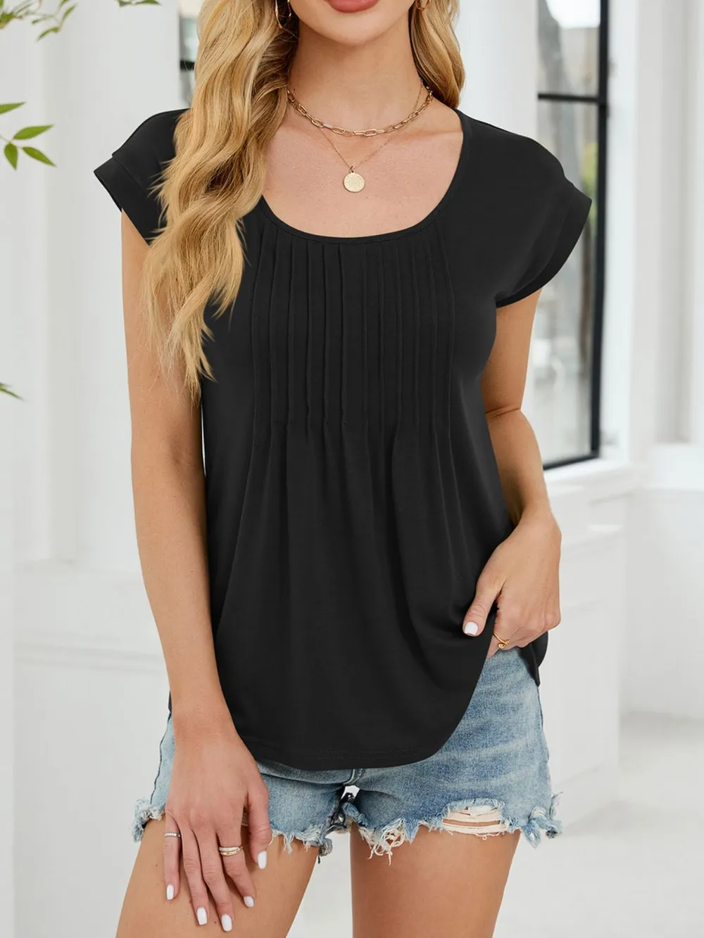 Pleated Front Scoop Neck T-Shirt, image 13