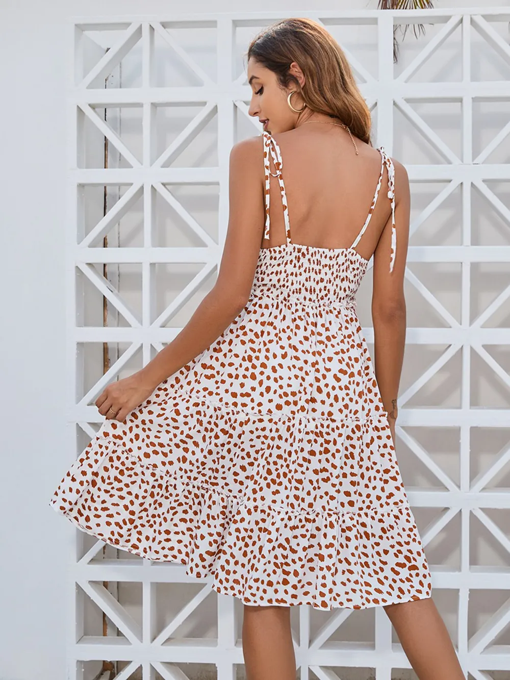 Printed Square Neck Tie Shoulder Dress, image 5
