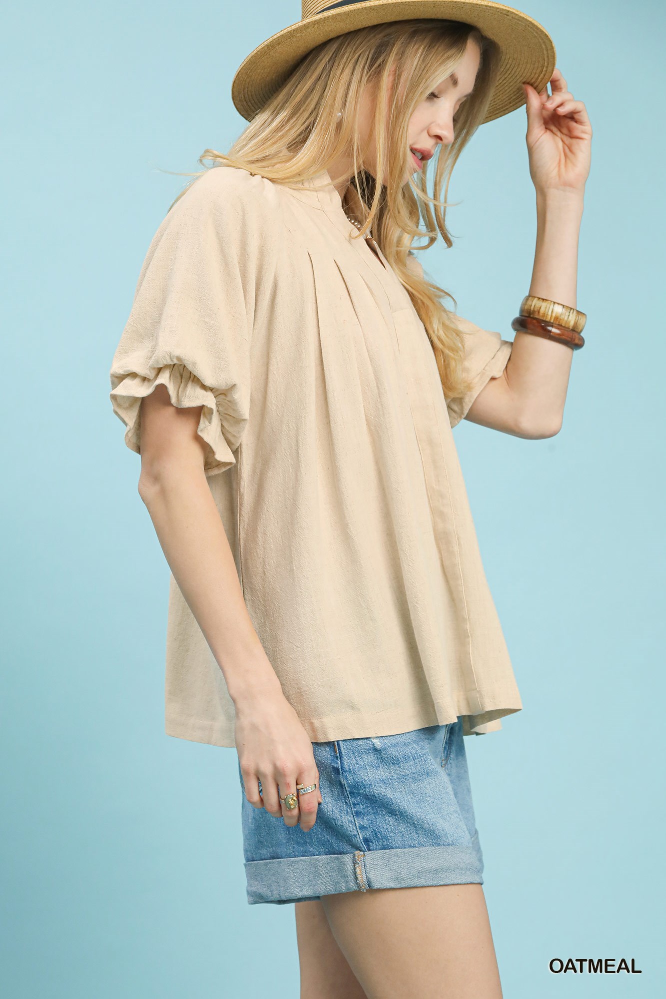 Linen V-Neck Flutter Sleeve Top, image 3