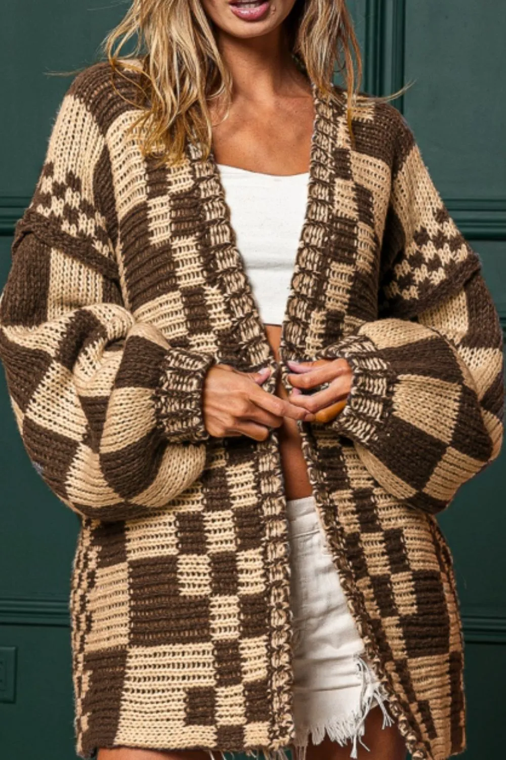 Checkered Open Front Long Sleeve Cardigan, image 9