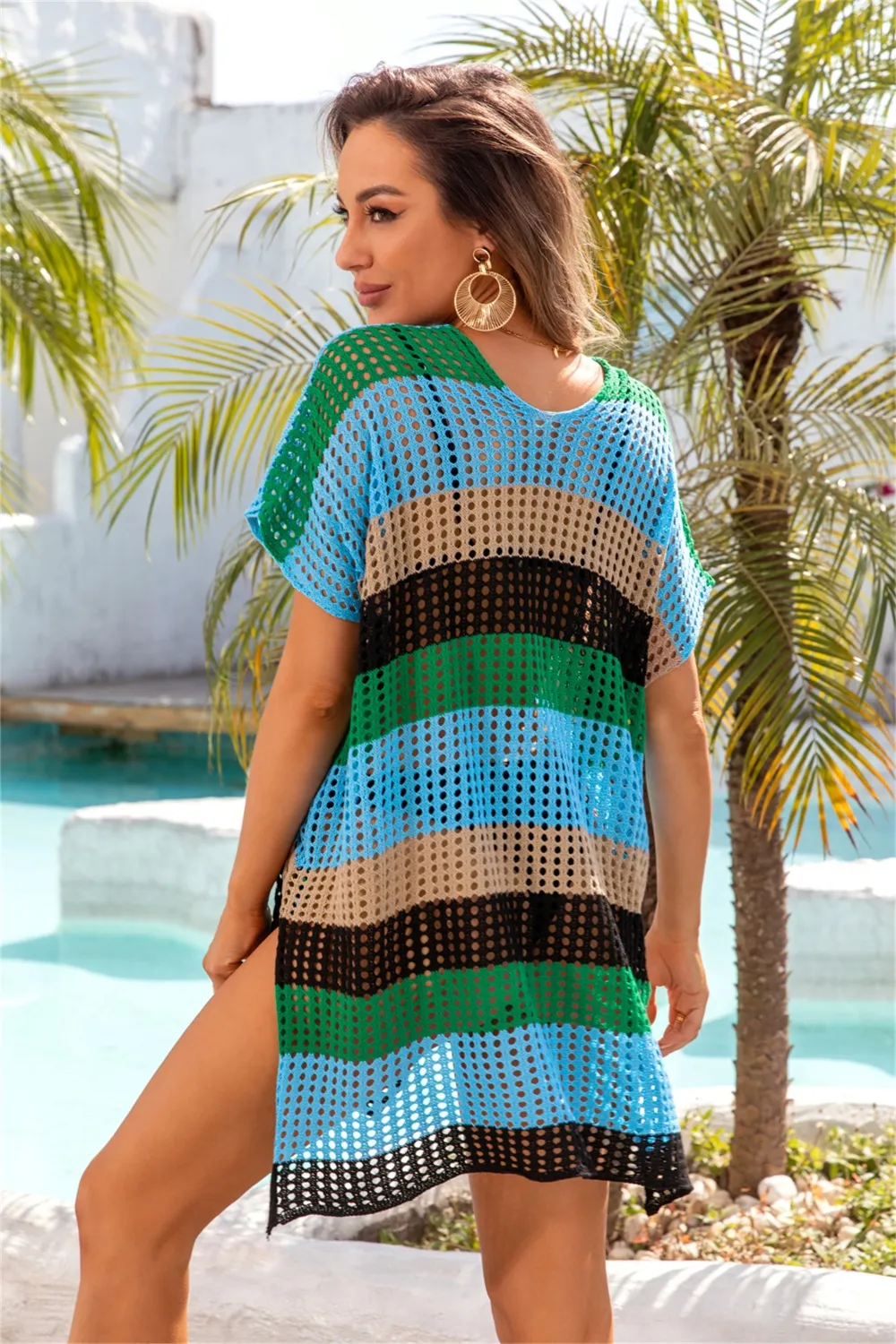 Openwork Striped V-Neck Short Sleeve Cover Up, image 9
