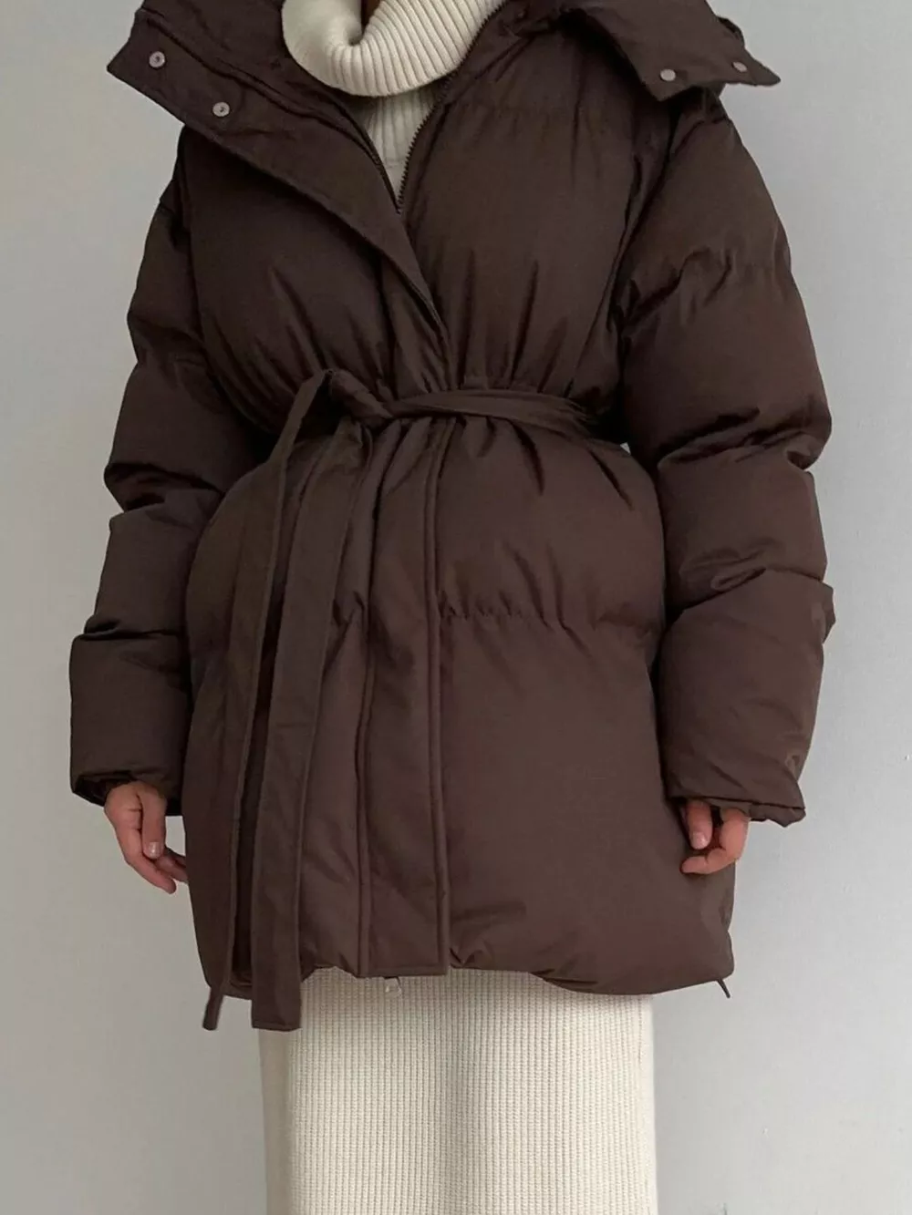 Mid-Length Thickened Hooded Winter Coat with Belted, image 5