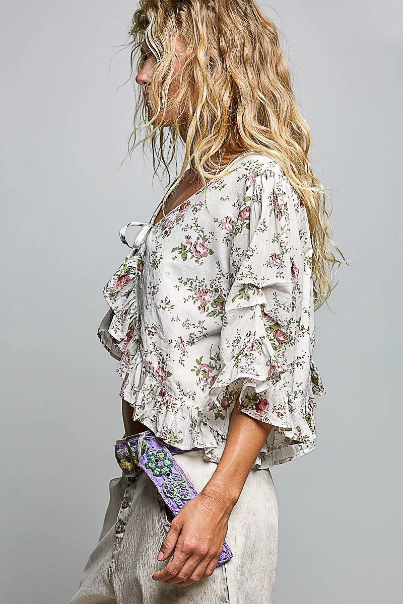 POL Ruffle Tie Front Cropped Floral Woven Flutter Sleeve Top, image 2