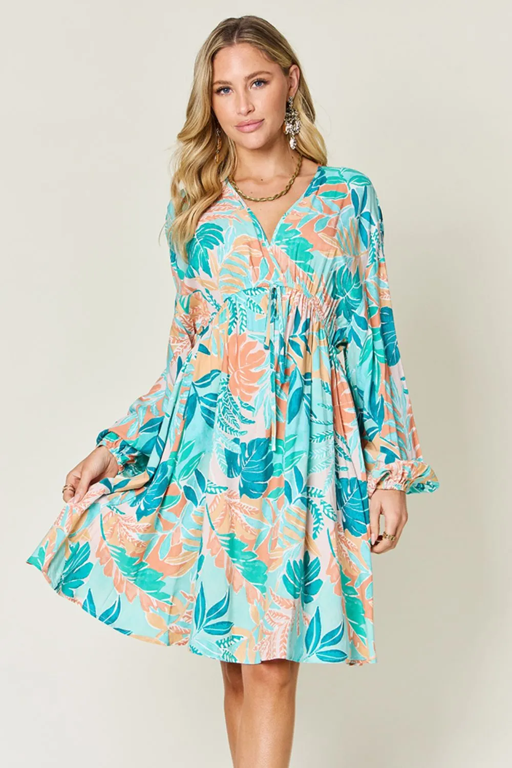 Full Size Printed V-Neck Drawstring Dress, image 4