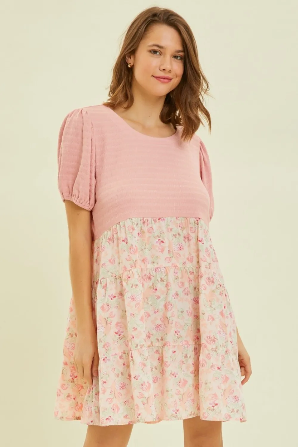 Full Size Round Neck Floral Ruffle Hem Mini Dress, image 4