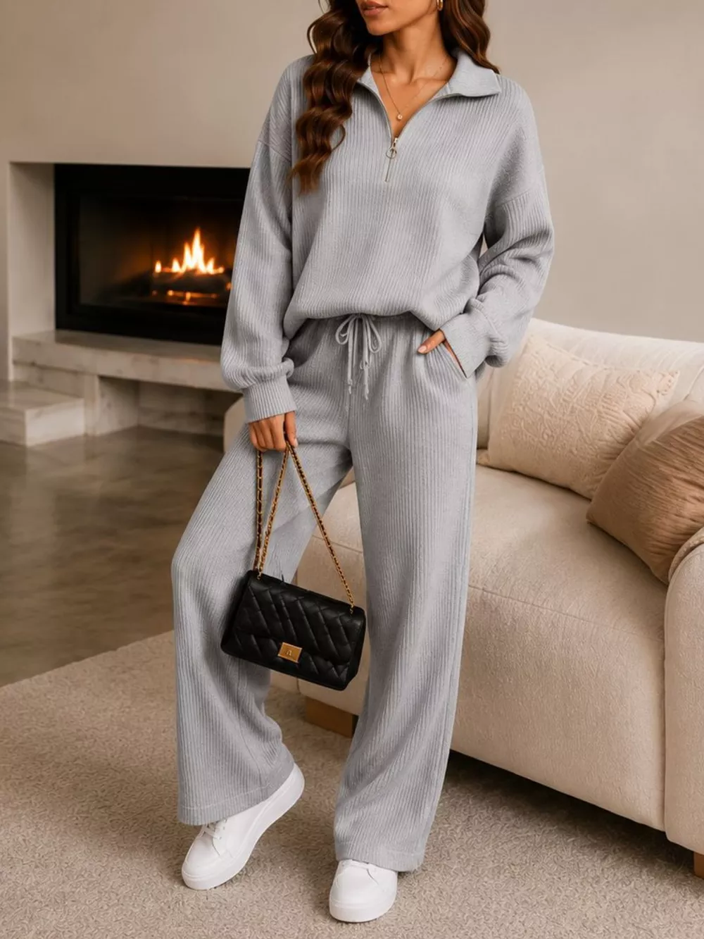 Ribbed Knit Quarter-Zip Top and Wide-Leg Pants Set, image 8
