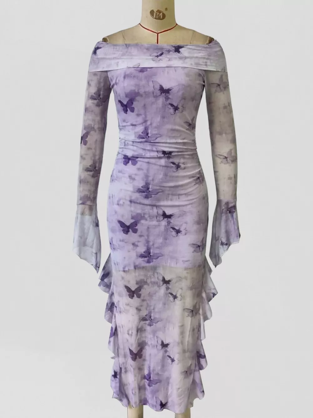 Butterfly Print Off-Shoulder Mesh Mermaid Dress, image 4