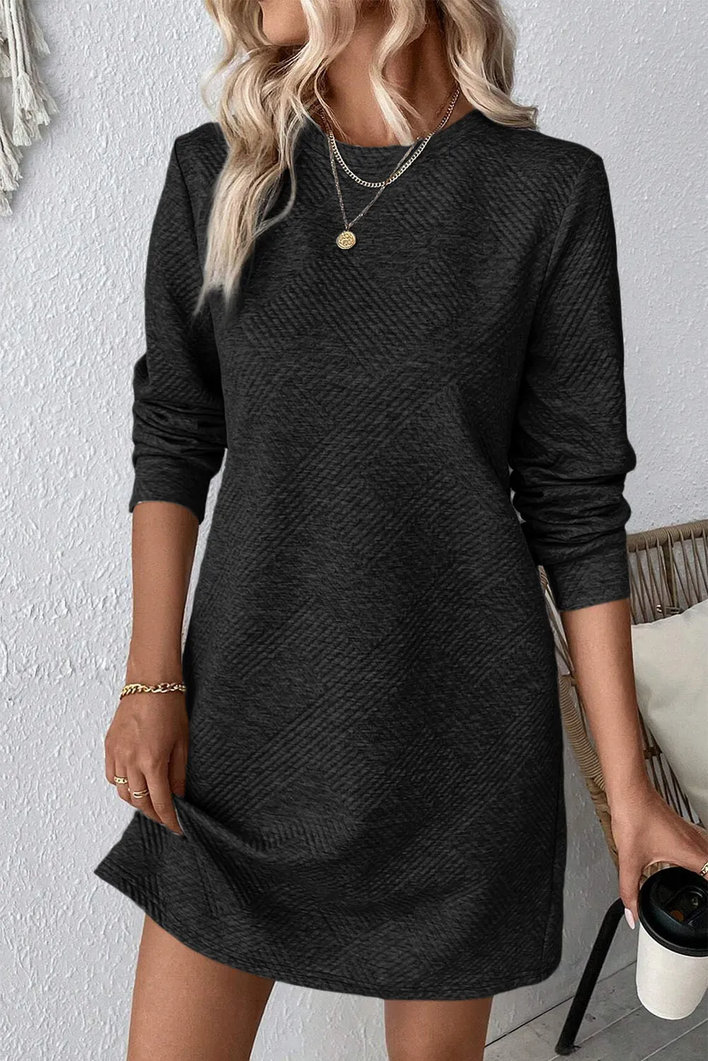 Textured Round Neck Long Sleeve Mini Dress, image 8