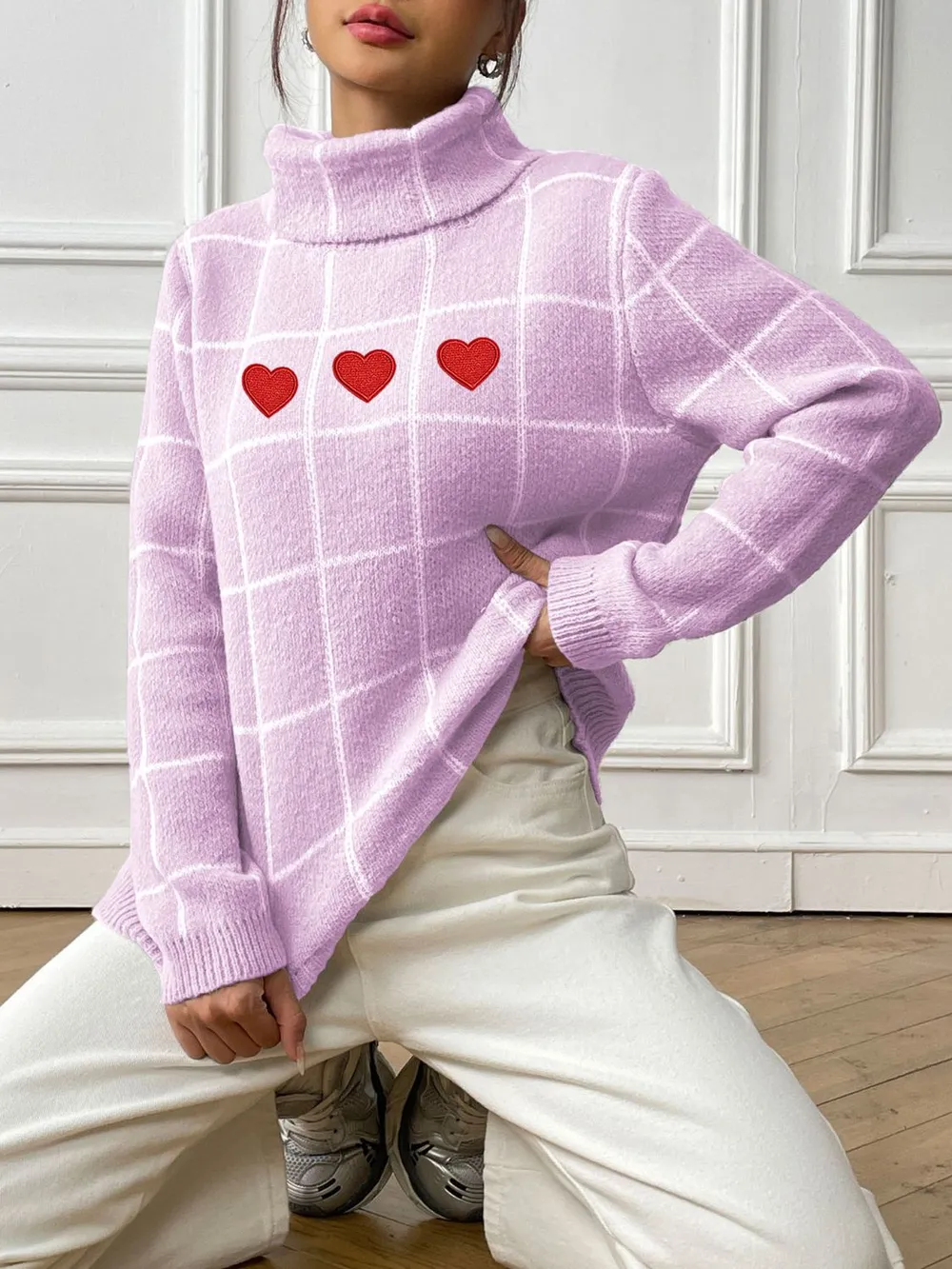 Heart Plaid Turtleneck Long Sleeve Sweater, image 12