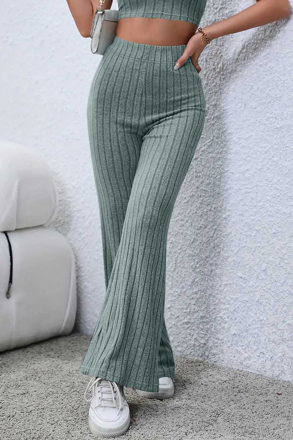 Full Size Ribbed High Waist Flare Pants, image 15