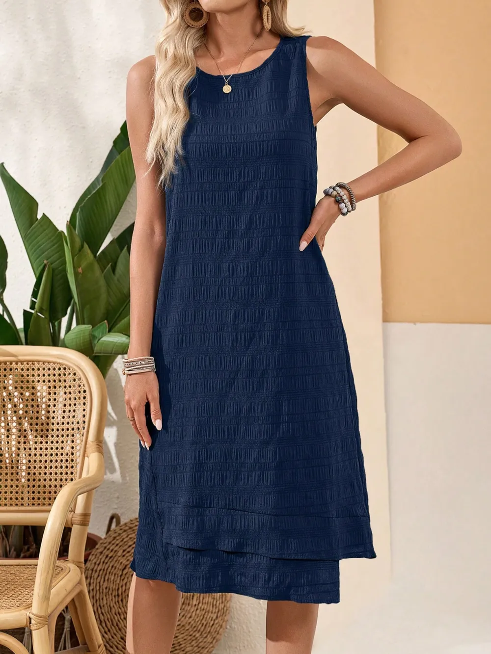 Ruffled Textured Round Neck Sleeveless Dress, image 3