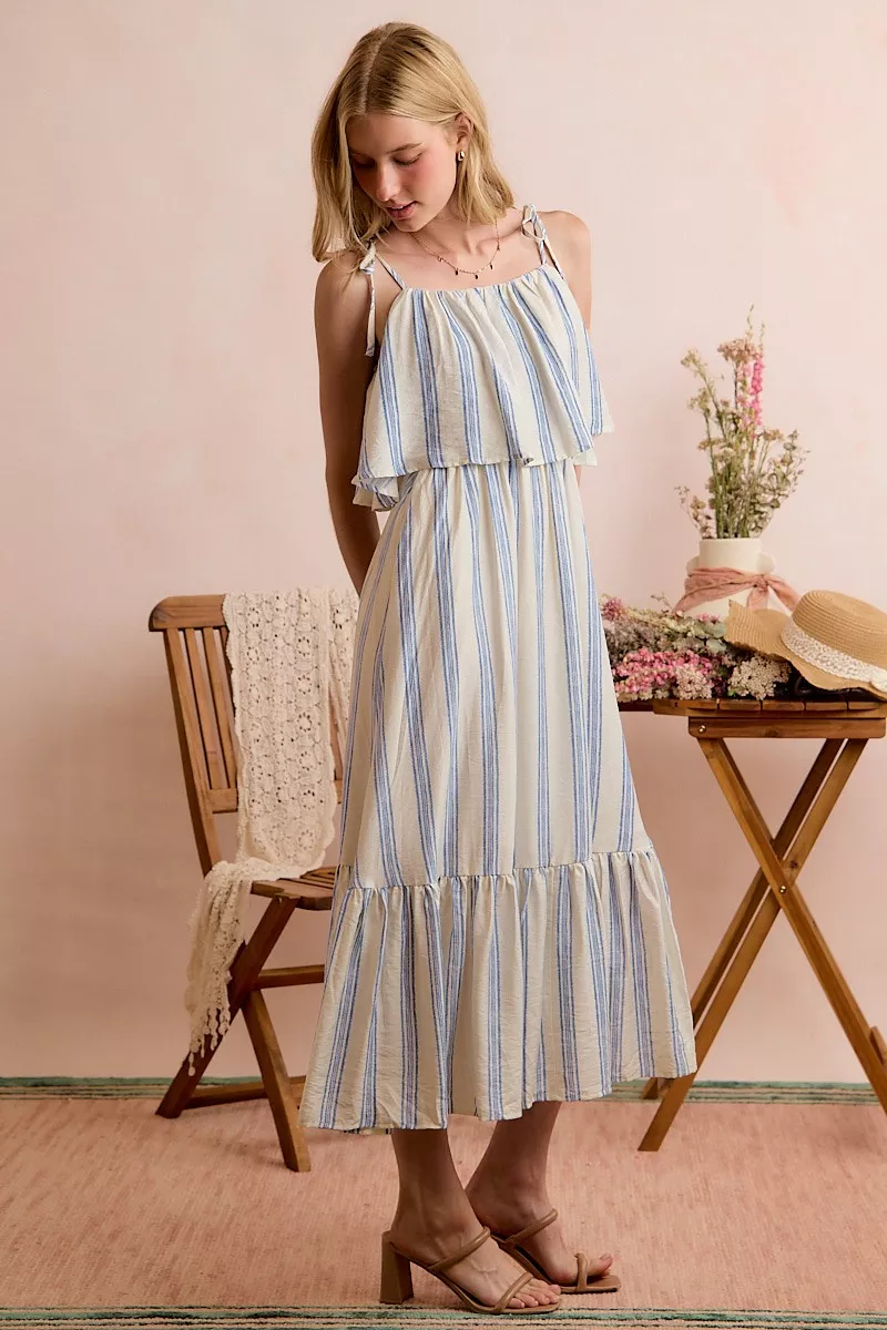 Stripe Tiered Shoulder Tie Midi Lined Dress, image 18
