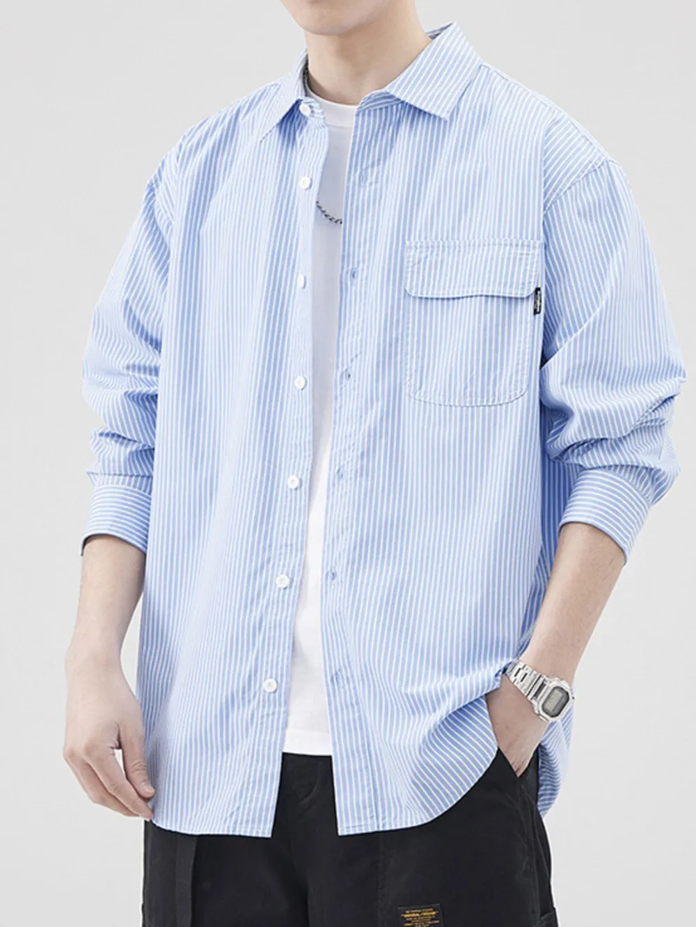 Men's Plus Size Striped Button Up Long Sleeve Shirt, image 9