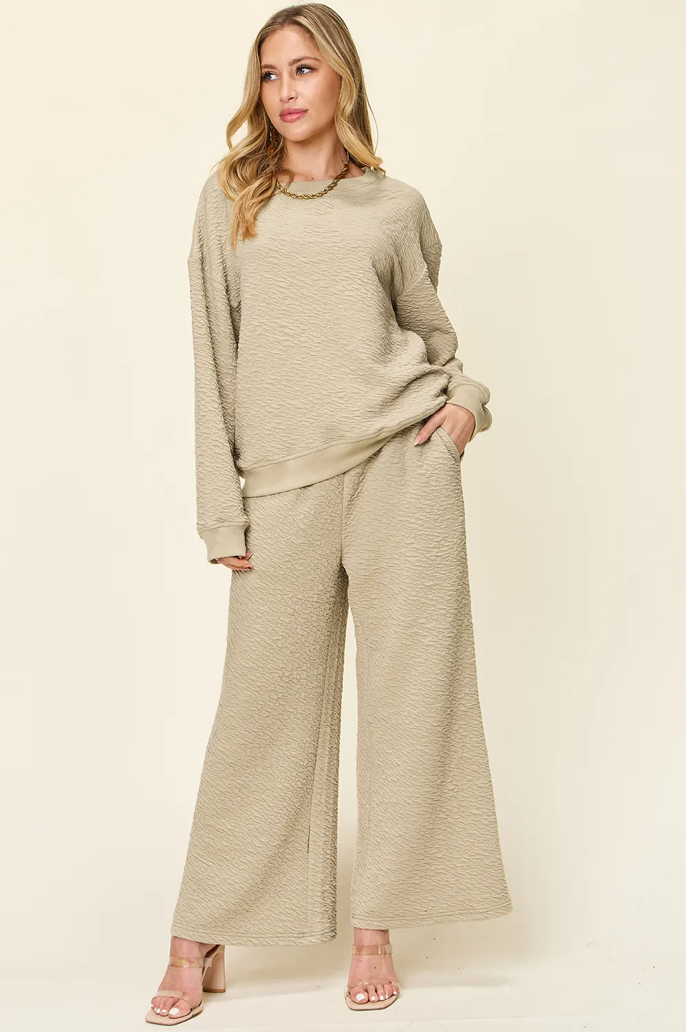 Full Size Texture Long Sleeve Top and Pants Set, image 9