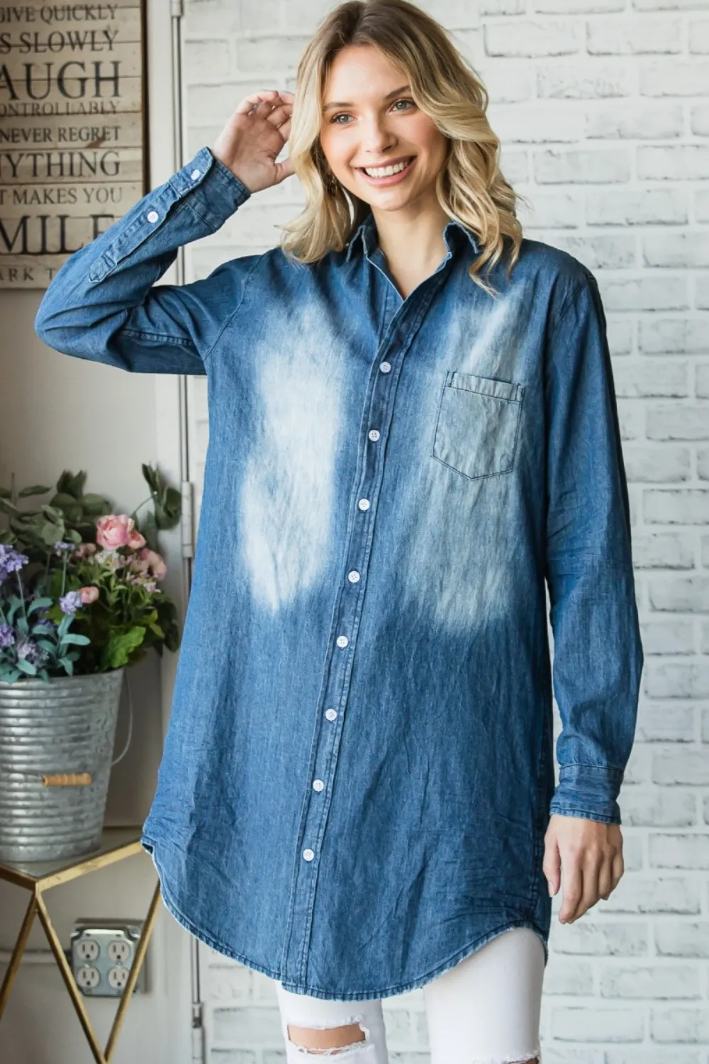 Pocketed Button Up Washed Denim Shirt, image 4