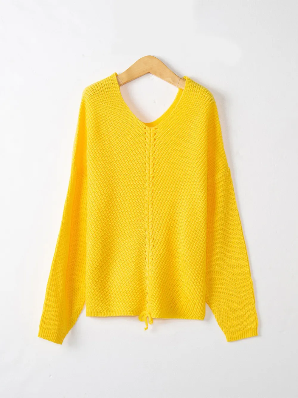 Full Size Lace Up V-Neck Long Sleeve Sweater, image 7