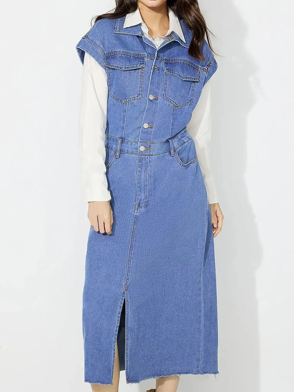 Slit Half Button Collared Neck Cap Sleeve Denim Dress, image 13