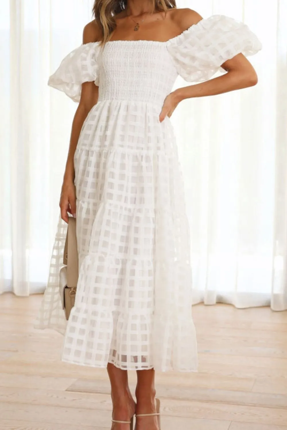 Off Shoulder Short Puff Sleeve Midi Dress, image 17