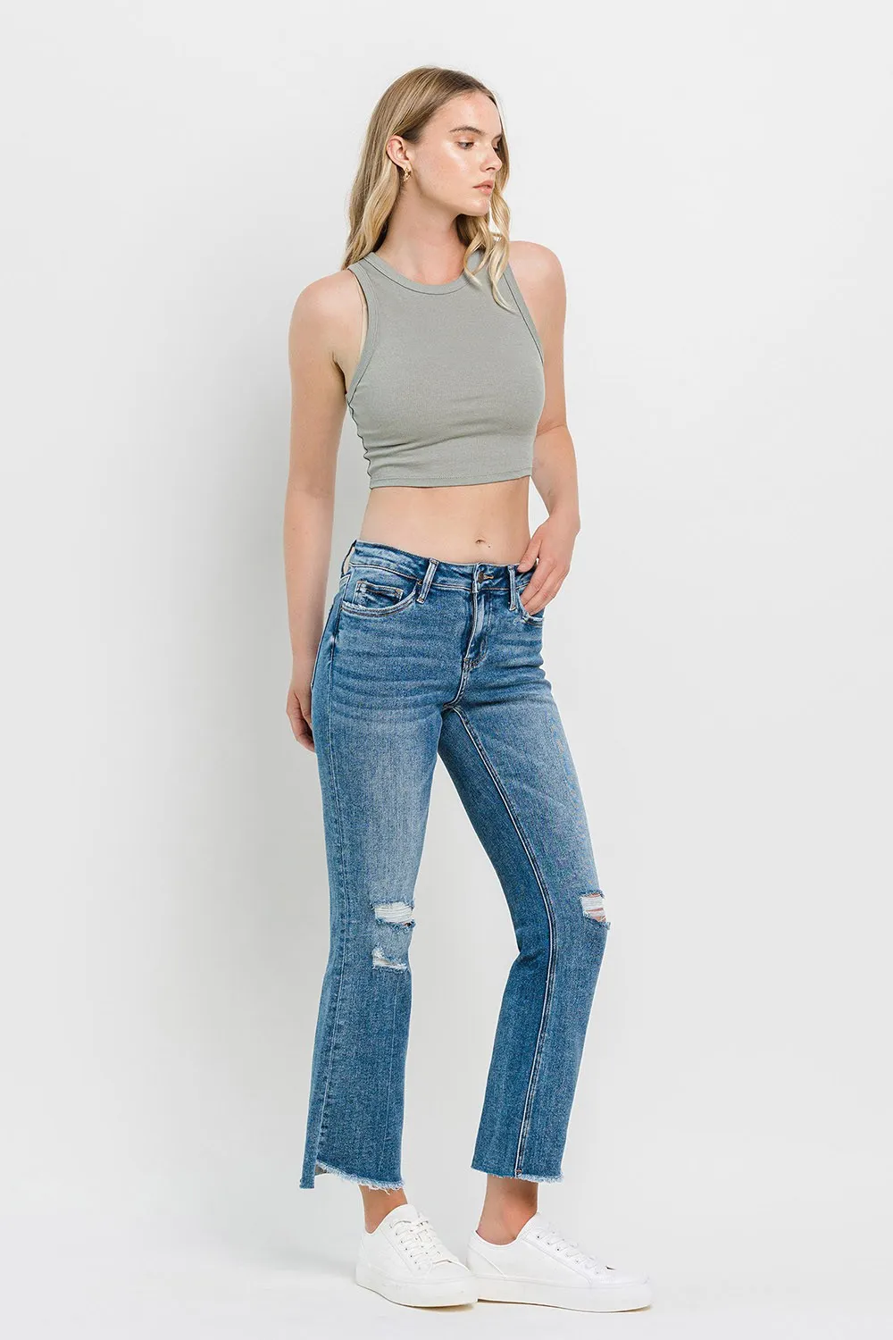 Full Size Mid Rise Distressed Cropped Flare Jeans, image 7