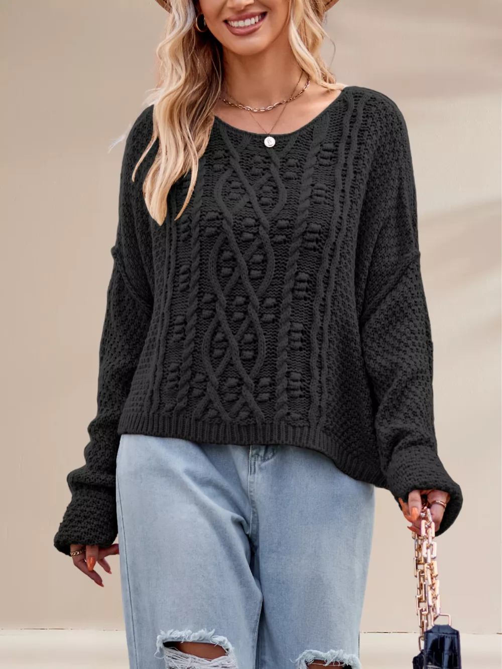 Textured Knit Round Neck Sweater, image 10
