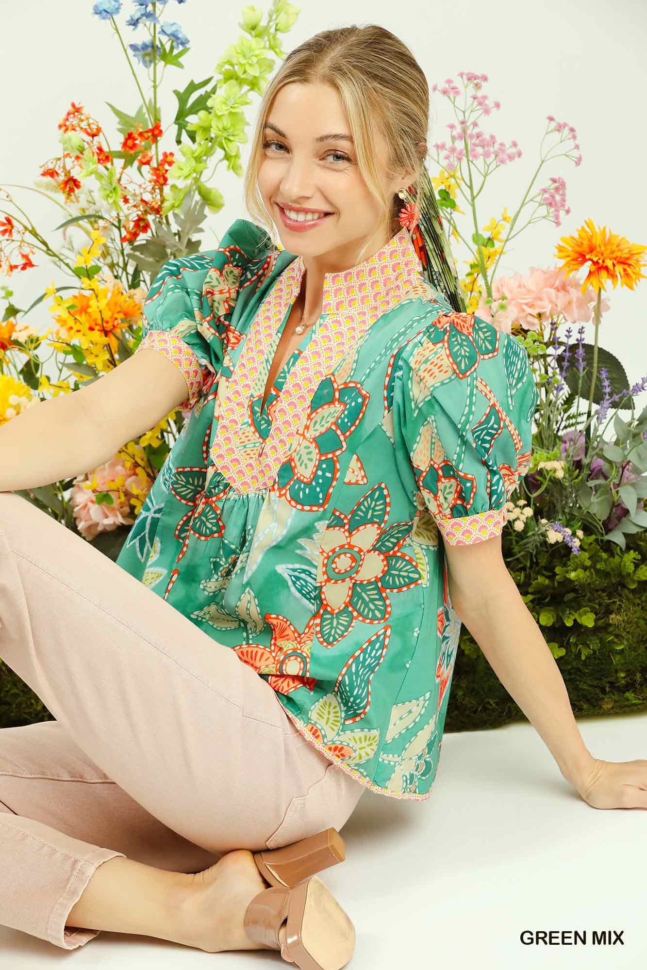 Mixed Abstract Print Puff Sleeve Blouse, image 4