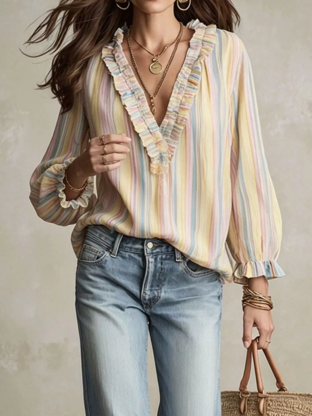 Striped V-Neck Long Sleeve Blouse