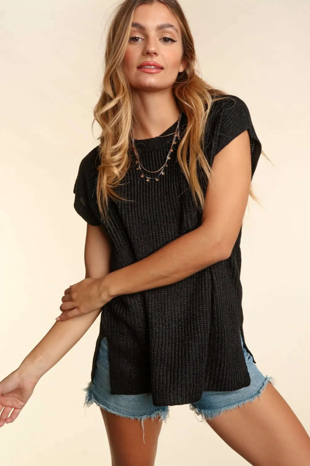 Pocketed Round Neck Cap Sleeve Knit Top, image 4