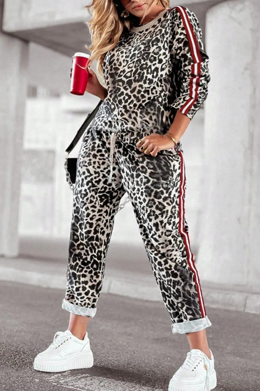 Plus Size Leopard Round Neck Top and Pants Set, image 7