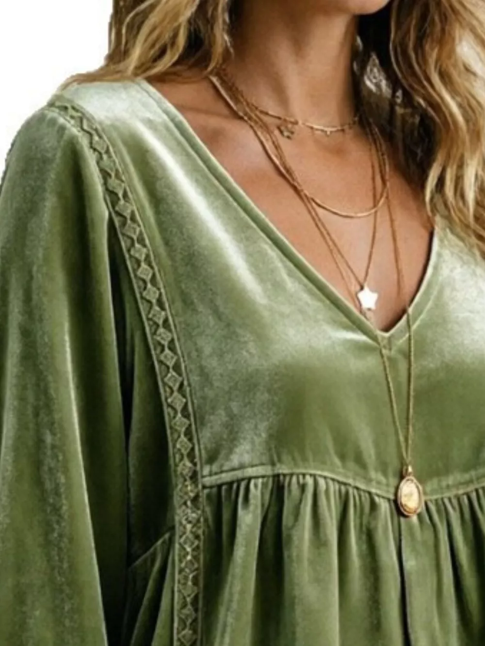 Full Size V-Neck Long Sleeve Velvet Blouse with Lace Trim Plus Size, image 12