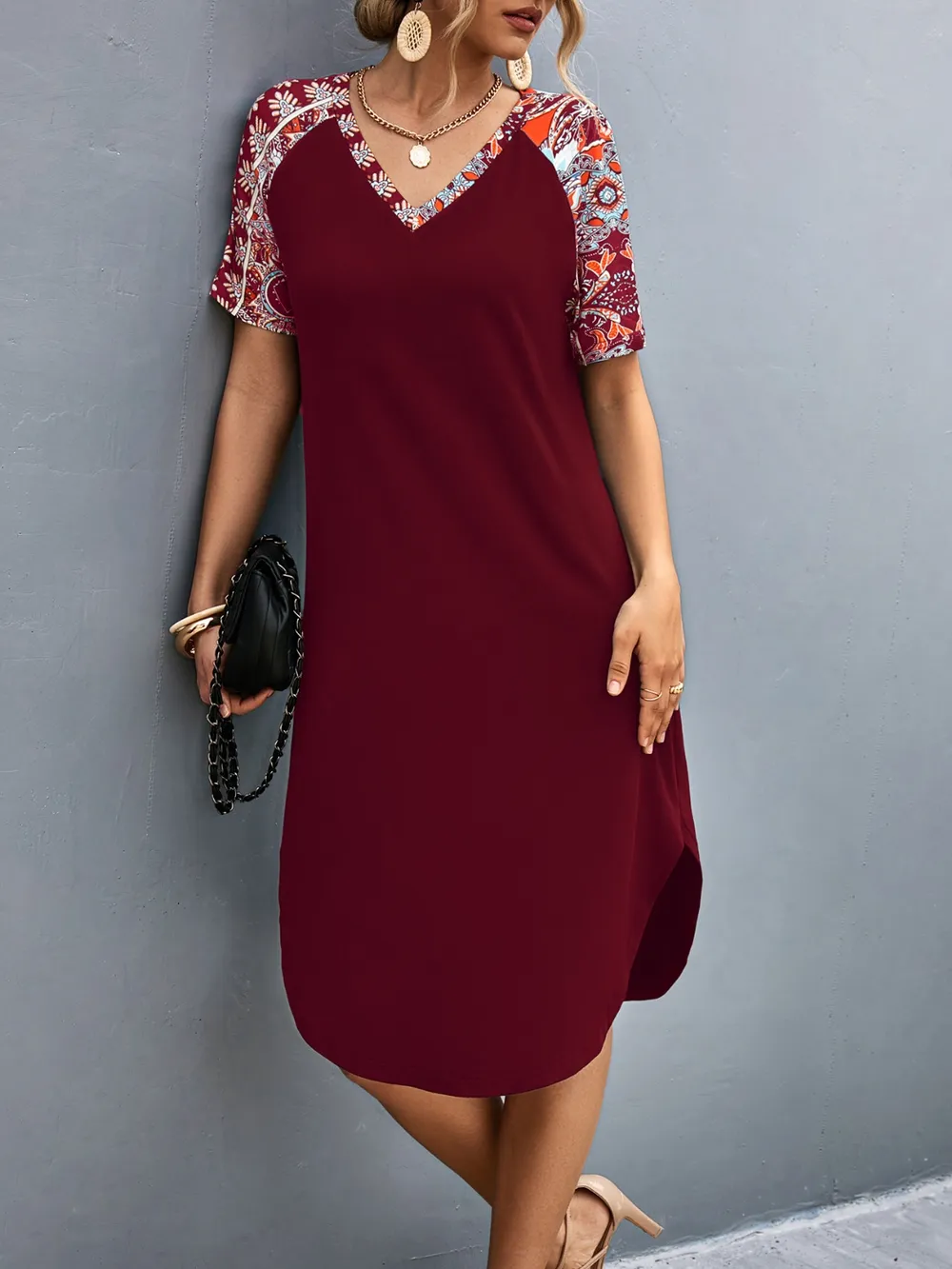 Printed V-Neck Short Sleeve Dress, image 3