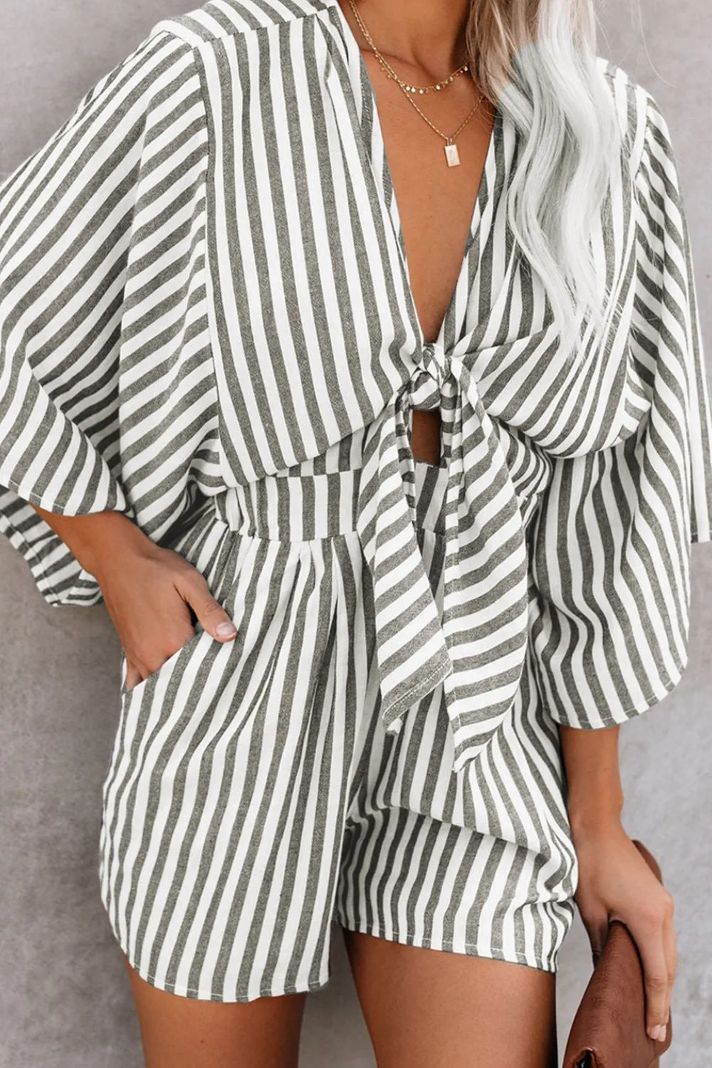 Bow Striped Kimono Sleeve Romper, image 6