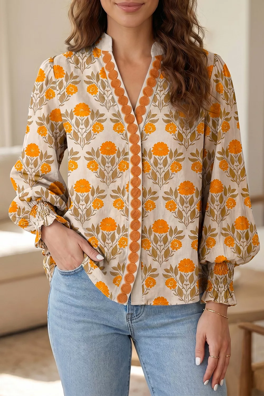 Floral Print V Neck Long Sleeve Top, image 3