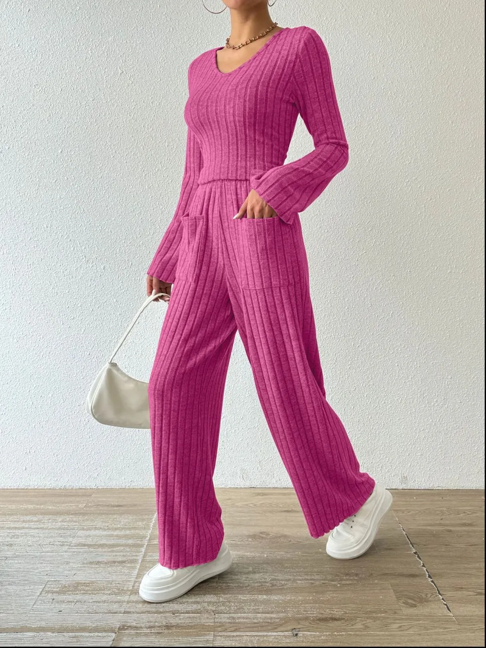 Ribbed V-Neck Long Sleeve Top and Pocketed Pants Set, image 17
