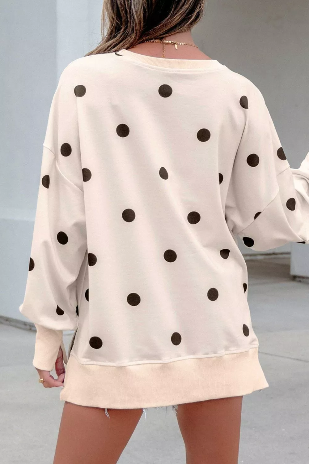 Loose-fit Long Sleeve Round Neck Polka Dot Tunic Sweatshirt, image 7