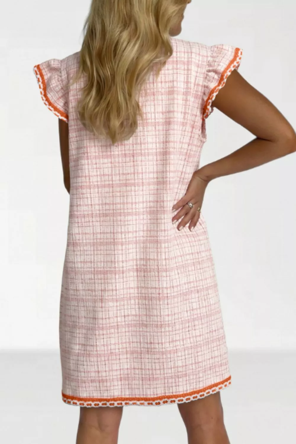 Jacquard Textured Contrast Trim Short Sleeve Tassel Tie Shift Dress, image 2