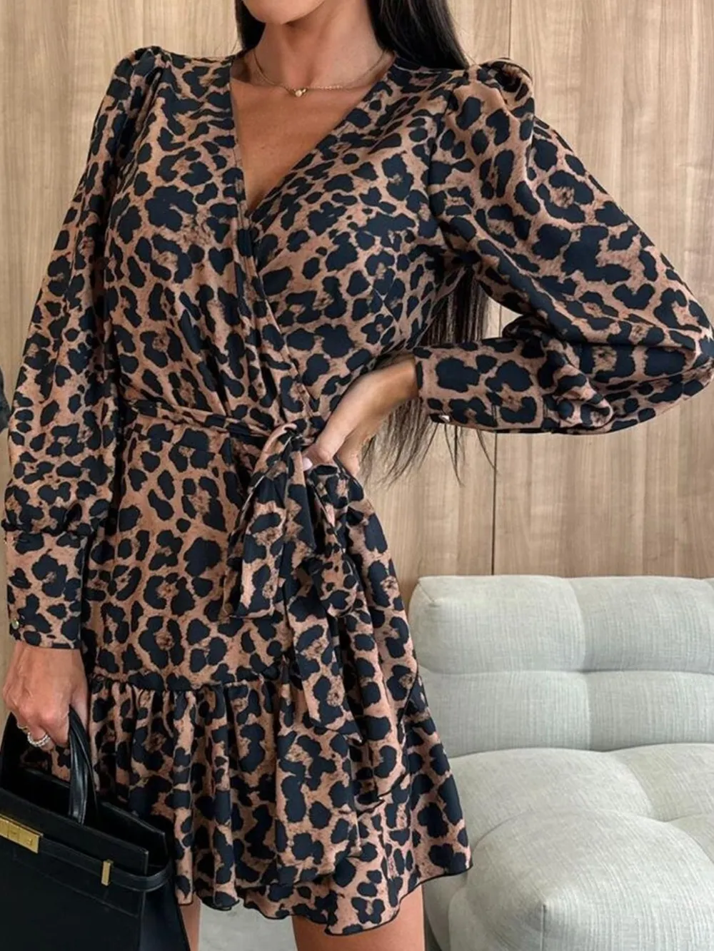 Tied Leopard Surplice Long Sleeve Dress, image 3