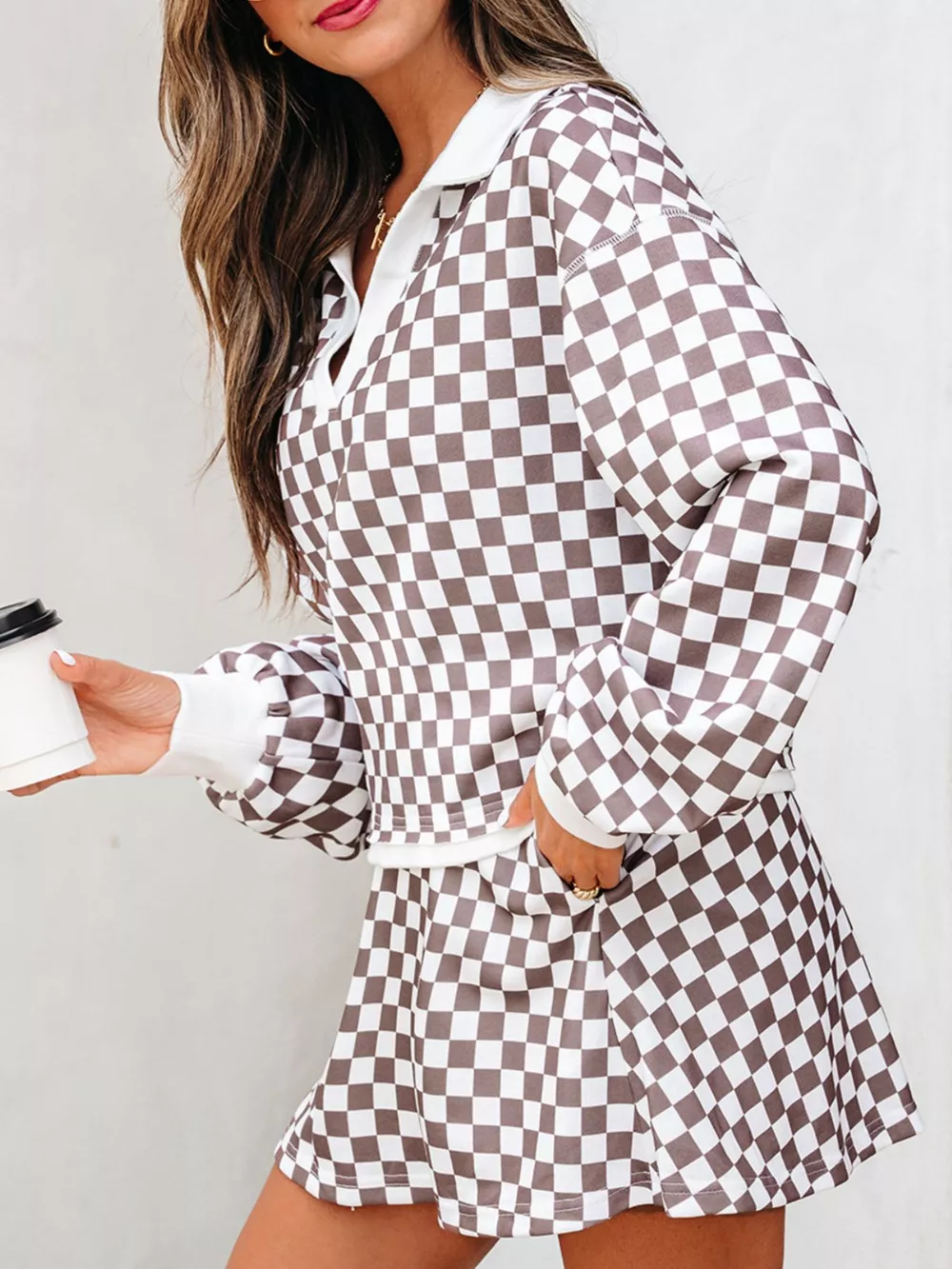 Checkered Print Polo Collar Cropped Long Sleeve Top and Drawstring Mini Skirt Set, image 3