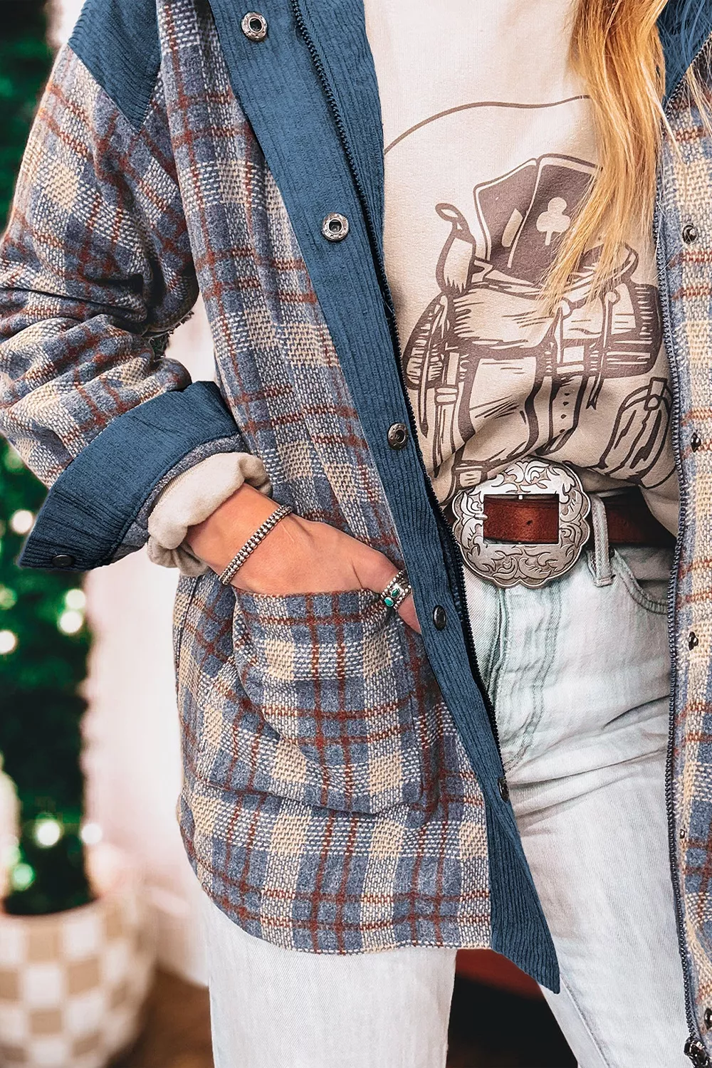 Plaid Corduroy Patchwork Collared Zip Up Snap Button Jacket, image 5