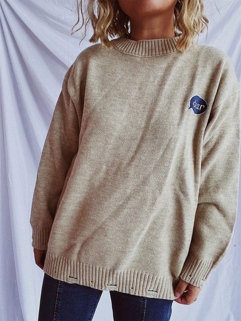 Embroidered Round Neck Dropped Shoulder Sweater, image 10