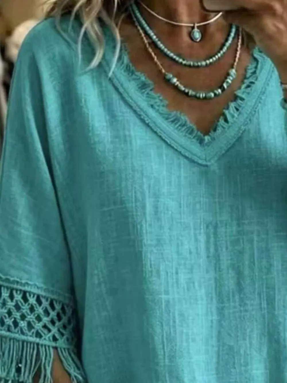 Full Size Fringe Trim V-Neck Loose Fit Blouse Plus Size, image 4