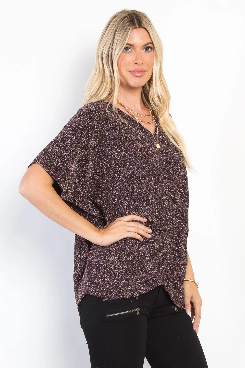 Full Size Lurex Center Elastic Cinched Knit Top, image 3