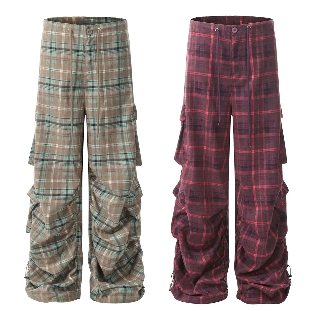 Men's Plaid Ruched Wide Leg Pants, image 3