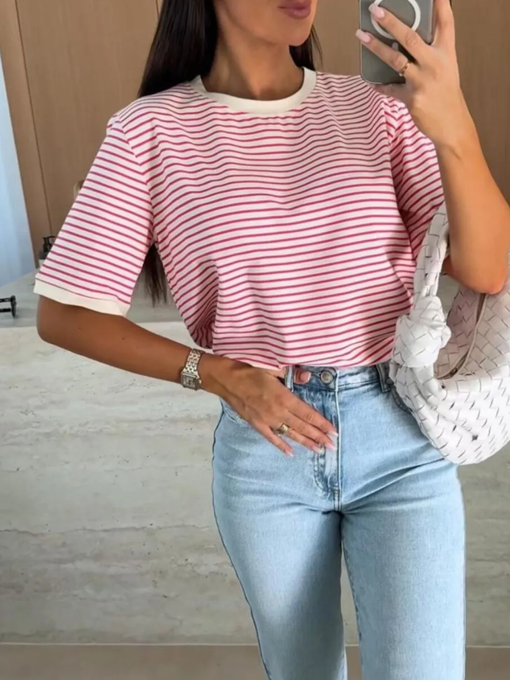 Striped Round Neck Short Sleeve T-Shirt, image 11