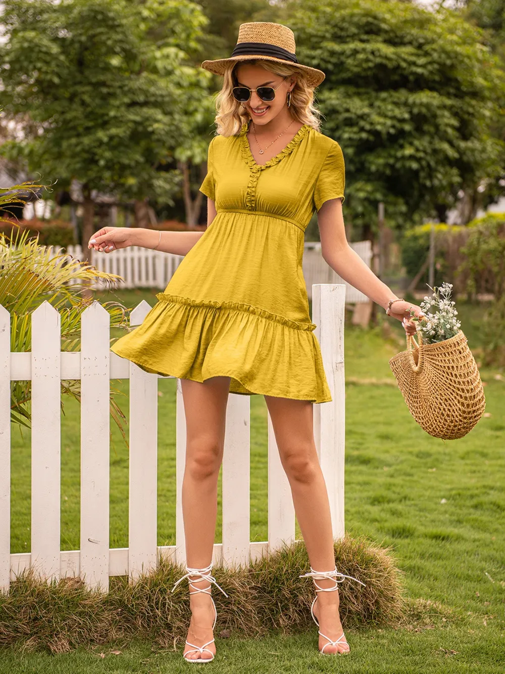 Frill V-Neck Short Sleeve Ruffle Hem Dress, image 10