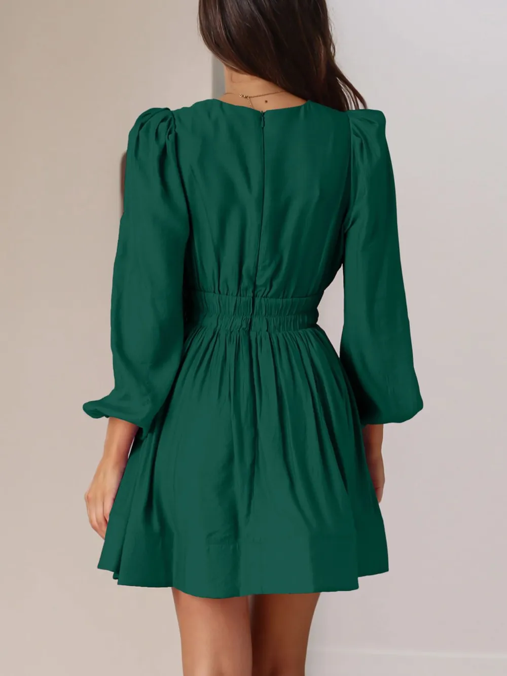 Ruched V-Neck Balloon Sleeve Mini Dress, image 12