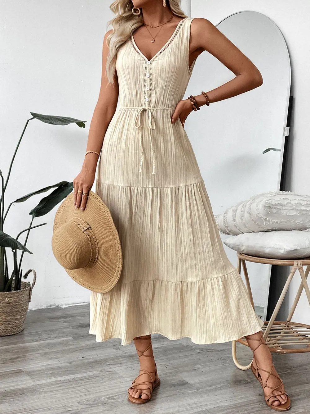 Decorative Button V-Neck Sleeveless Midi Tank Dress, image 6